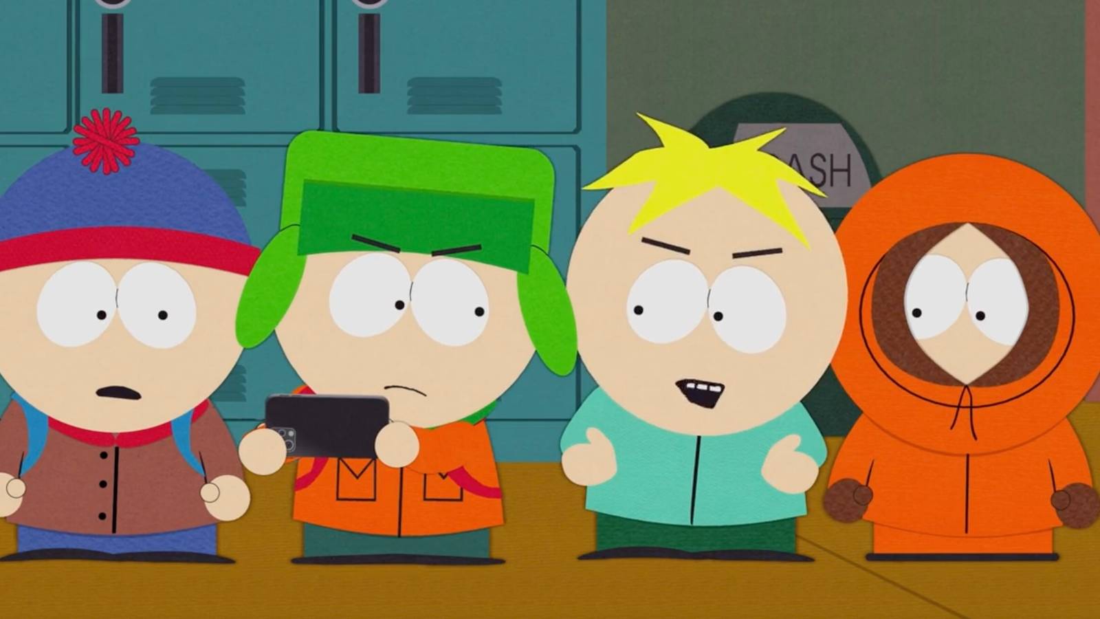 Stan Kyle Kenny and Butters look at a phone in South Park season 28