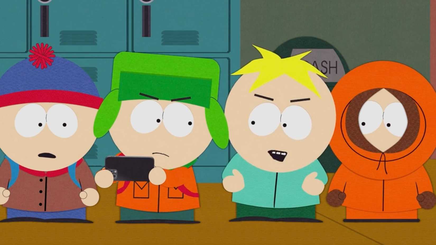 Stan, Kyle, Kenny e Butters olham um telefone em South Park temporada 28
