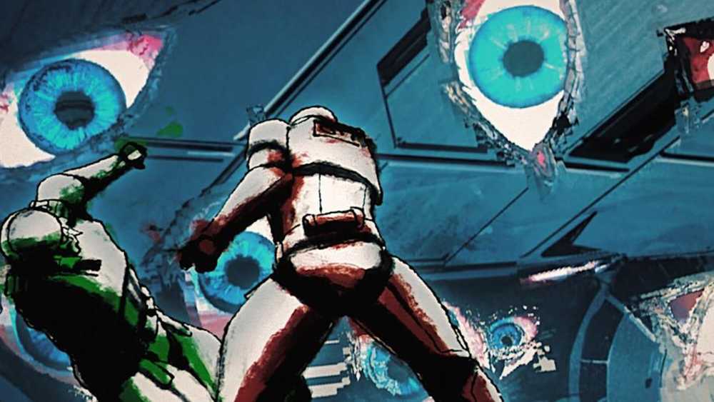 Stormtroopers surrounded by giant eyes in the Star Wars: Visions season 3 episode, "Black"