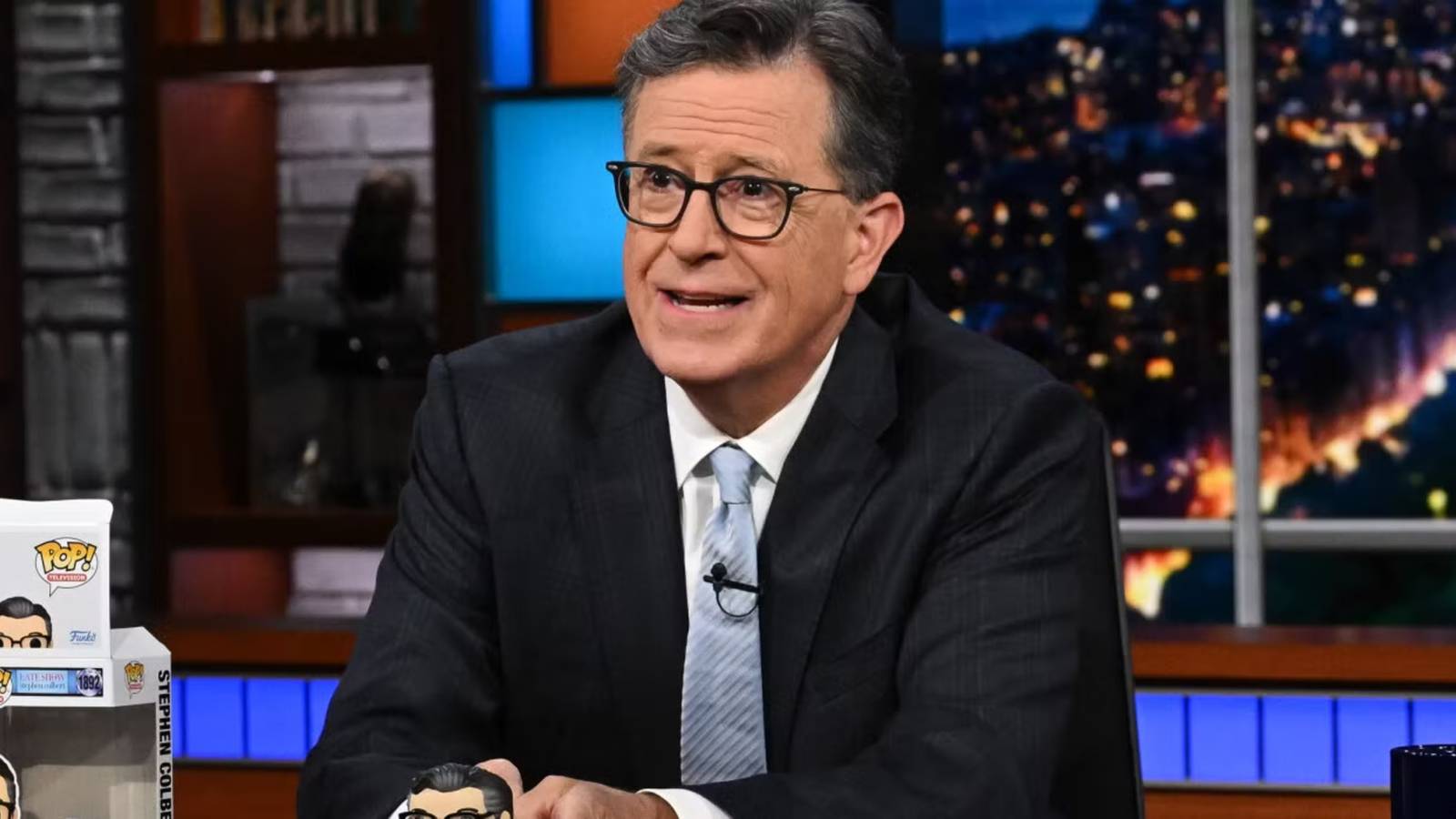 Stephen Colbert speaking during The Late Show