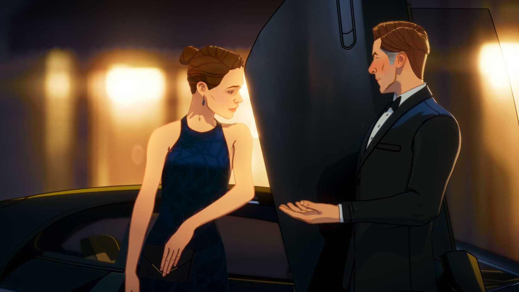 Stephen Strange estendendo a mão para Rachel enquanto ela entra em seu veículo em Marvel's What If...