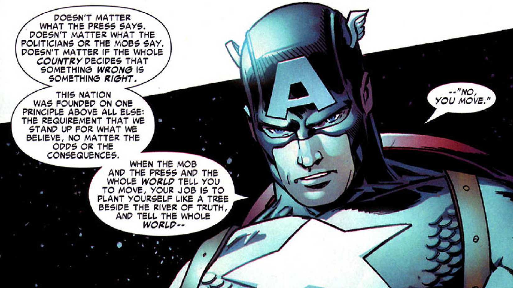 Steve Rogers aka Captain America delivers his iconic you move speech in Marvel Comics