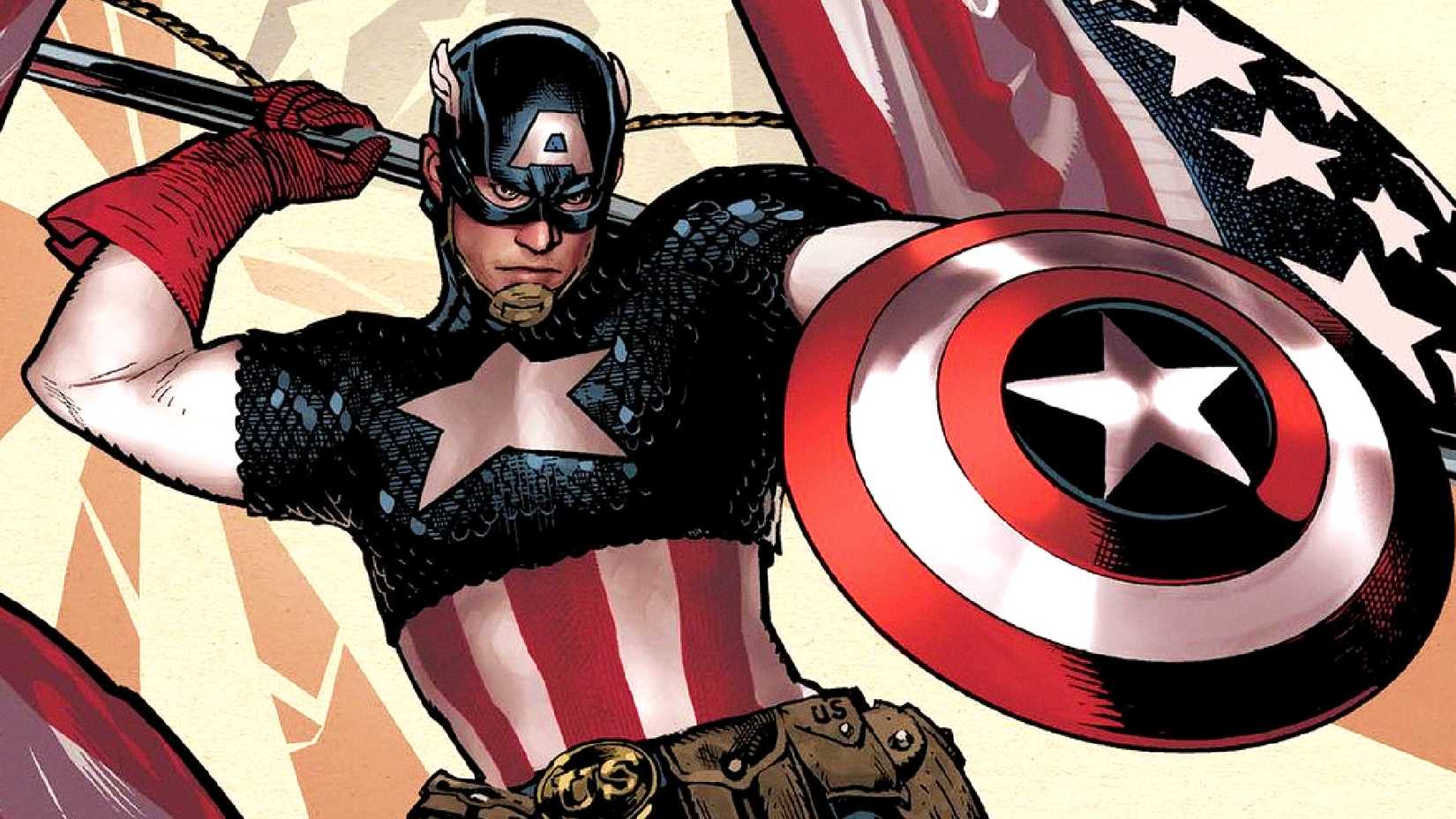 Steve Rogers holds an American flag while he wields the Captain America shield in Marvel Comics cover