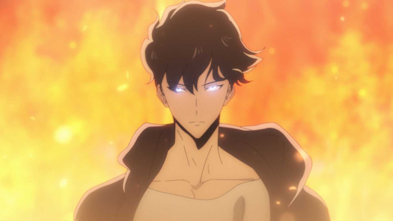 Sung Jinwoo surrounded by fire in the Solo Leveling anime