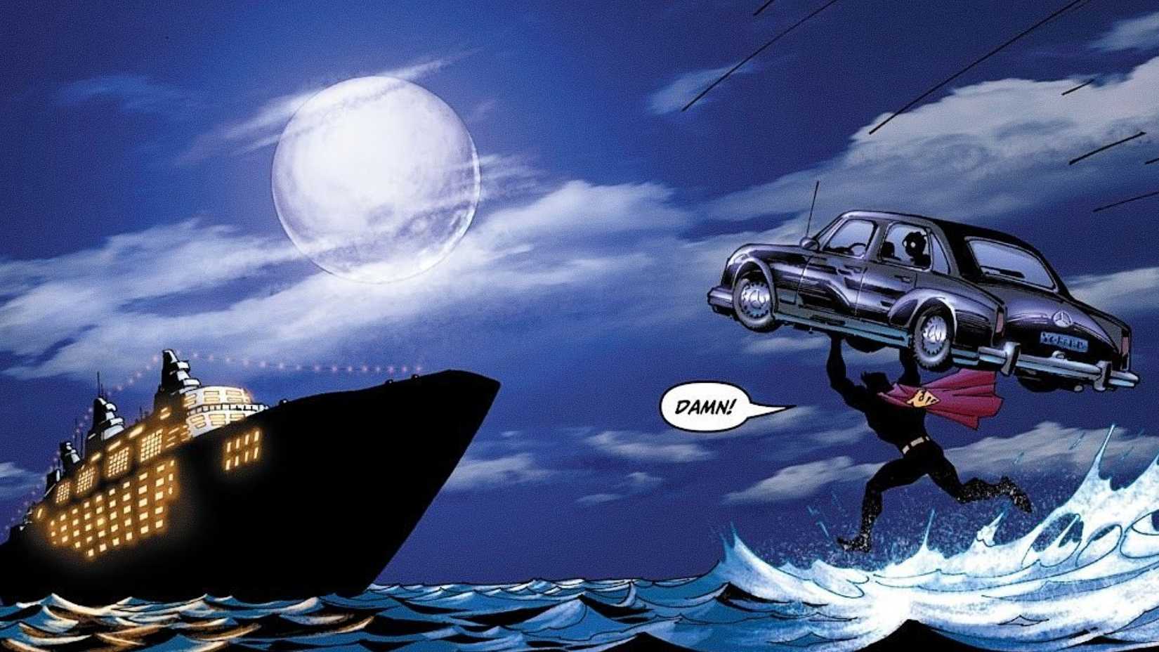 Superman carries a car running across the sea at night next to a cruise ship in All-Star Batman & Robin