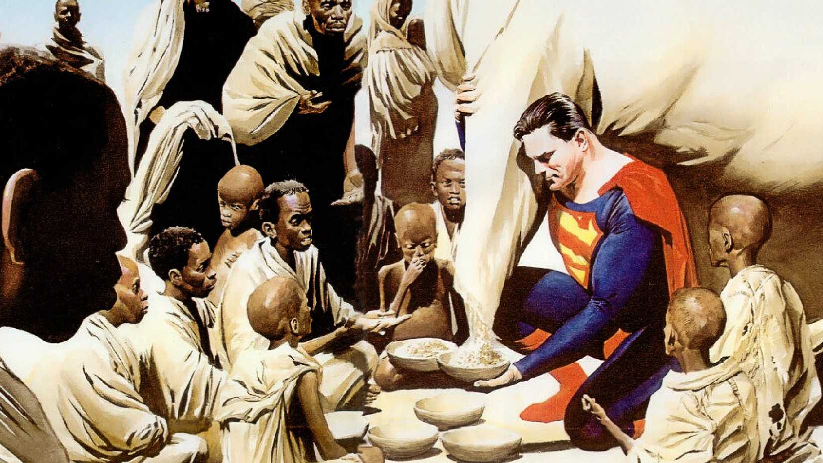 Superman feeds hungry children in Alex Ross' Peace on Earth