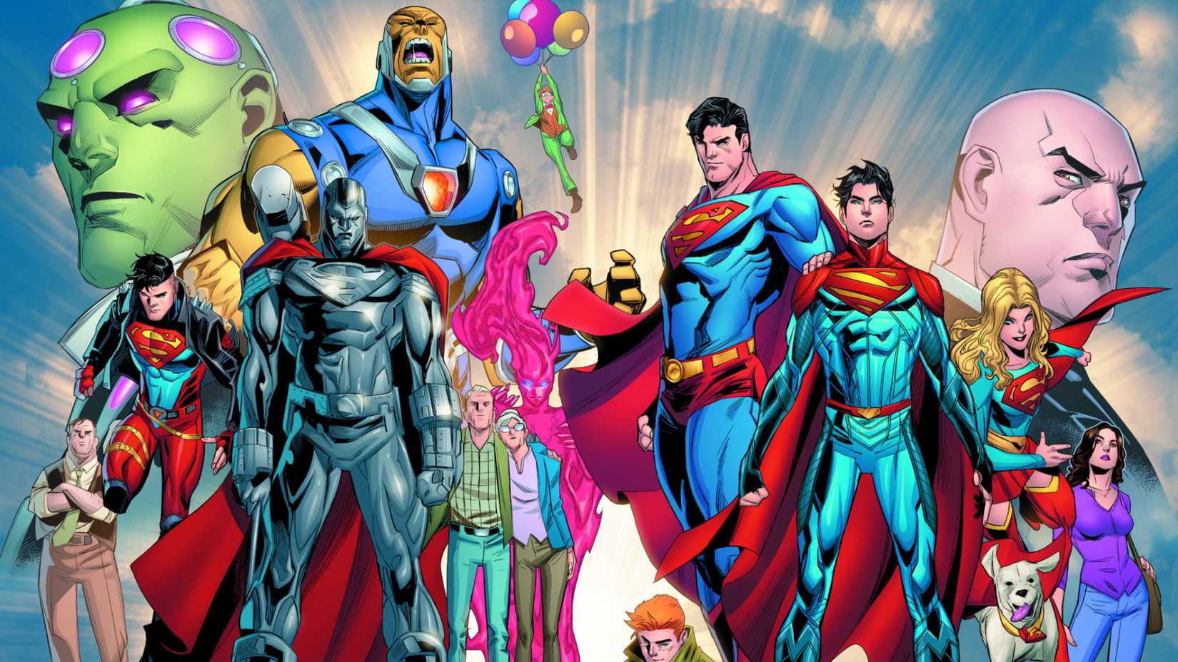 Superman's Super-Family and their biggest enemies assemble for a group photo in DC Comics art
