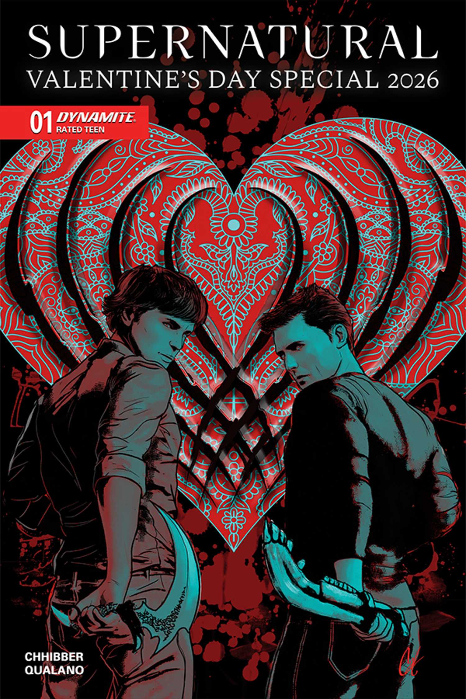 Supernatural Valentines Day Special #1 cover, Sam and Dean holding knives behind their backs