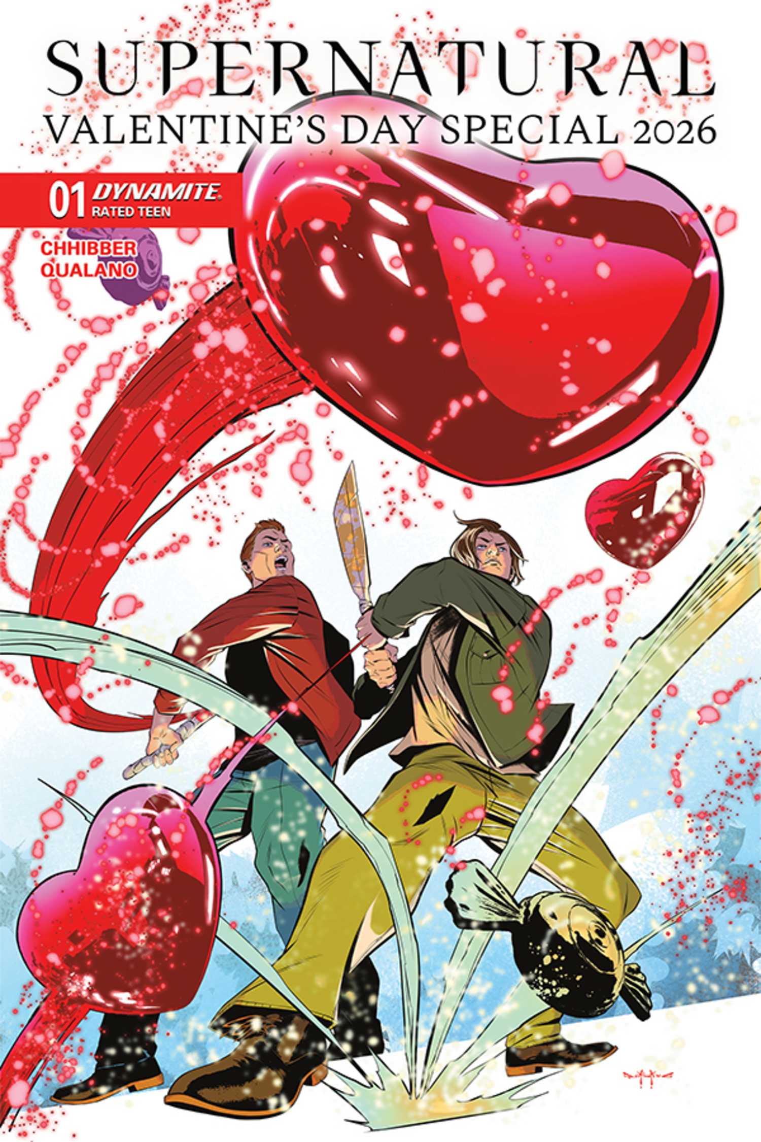 Supernatural Valentines Special cover, Sam and Dean fighting flying hearts