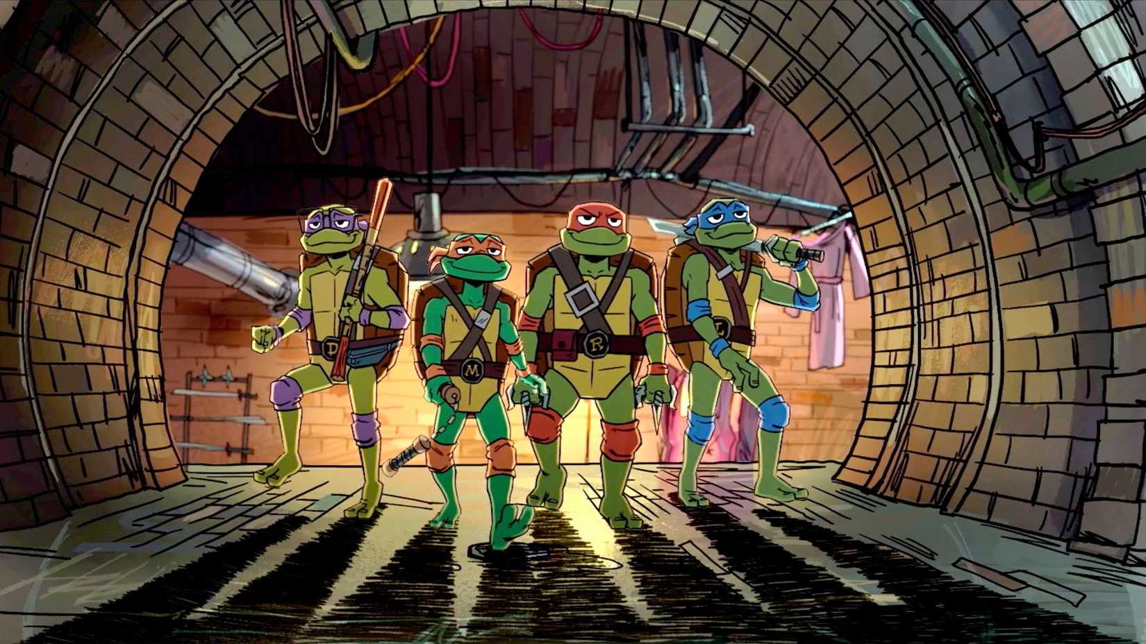 Donatello (voz: Micah Abbey), Michaelangelo (voz: Shamon Brown Jr.), Raphael (voz: Brady Noon), Leonardo (voz: Nicolas Cantu) reunidos em Tales of the Teenage Mutant Ninja Turtles temporada 1