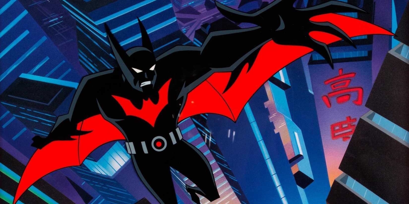 Terry McGinnis planando sobre Neo-Gotham em Batman do Futuro