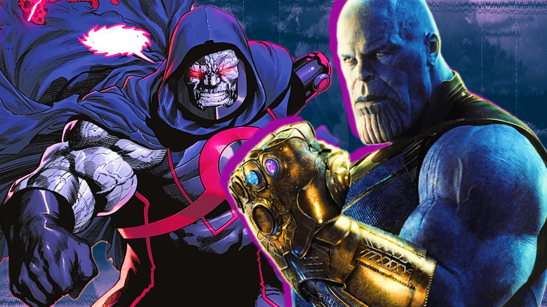 Thanos wields the Infinity Gauntlet in the MCU next to Darkseid wearing a cloak in DC Comics