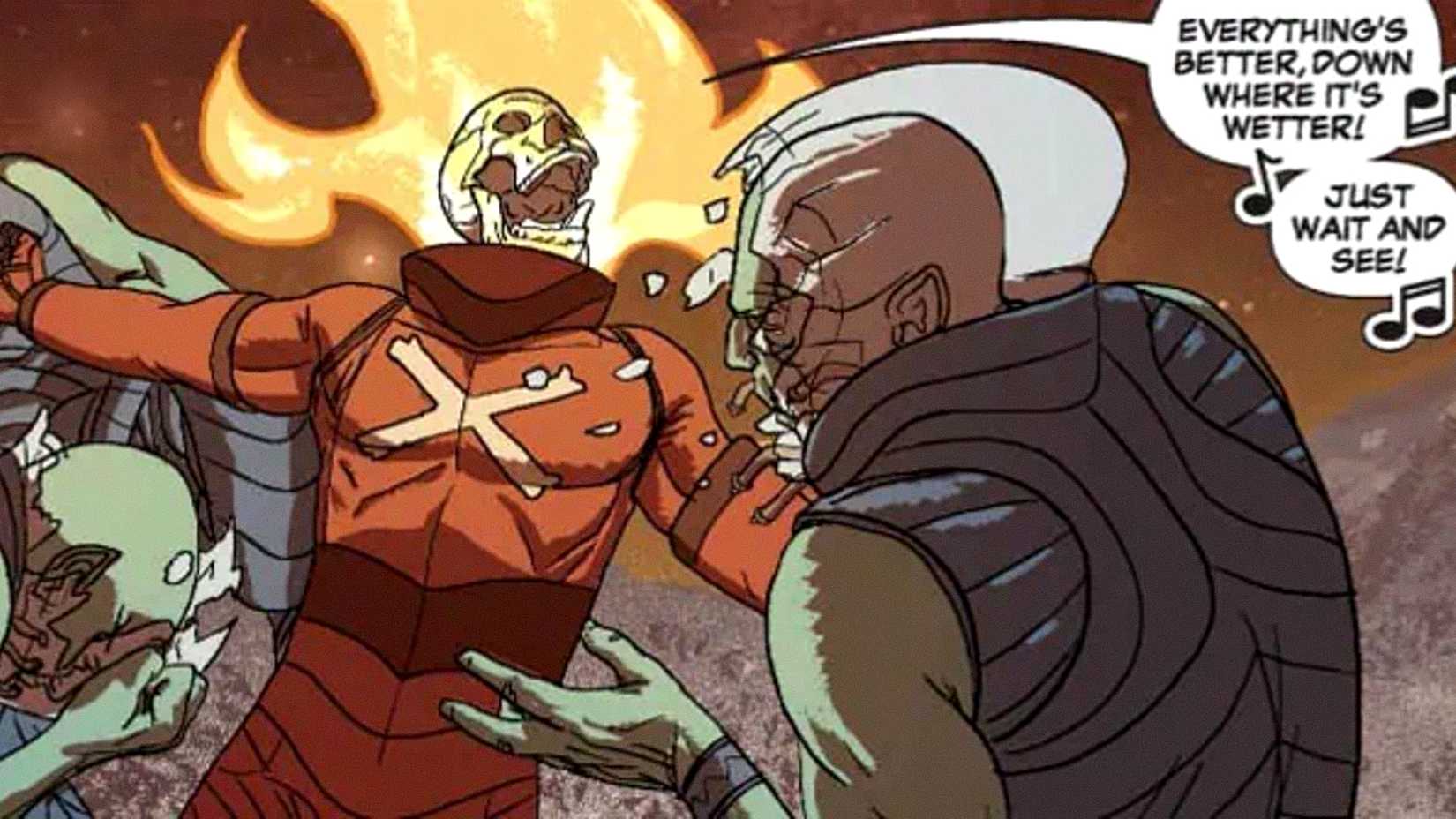 The Blazing Skull breaks a villain's helmet with a punch while singing