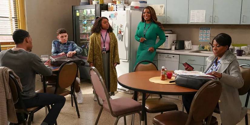 the cast of abbott elementary talking in the breakroom