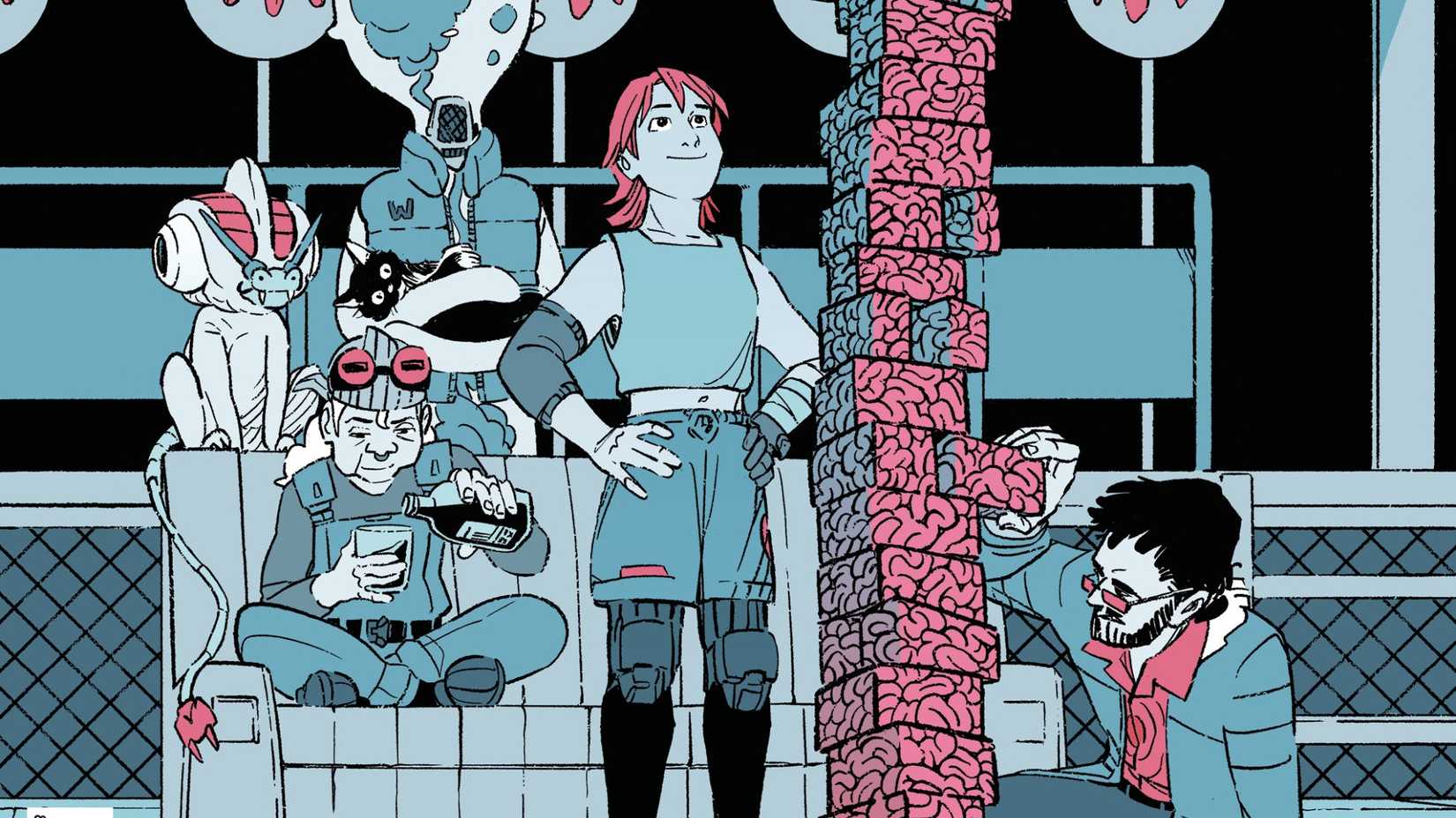 The crew stacks a tower of square brains in Starship Godzilla #5 comic cover variant