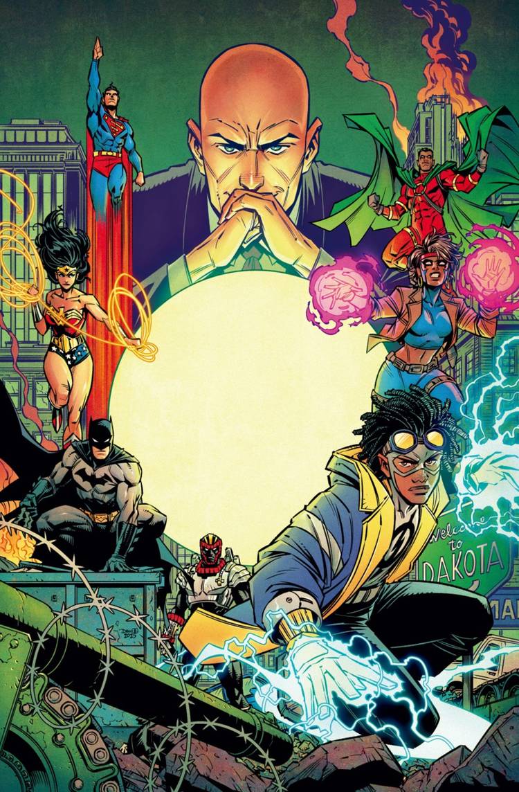 DC Comics cover depicting Milestone and DC heroes such as Static, Icon, Superman, and Batman posing with Lex Luthor looming over them.
