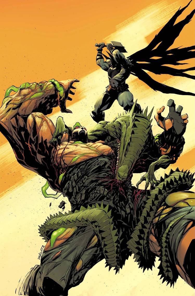 The Dark Knight attacks Bane with an axe in Absolute Batman #14 cover