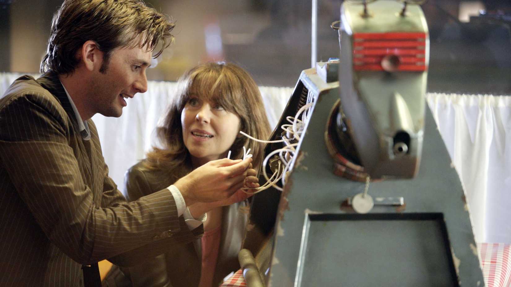 Doctor Who Season 2 Episode 3, The Doctor, Sarah Jane, and K-9 reunite at the school reunion