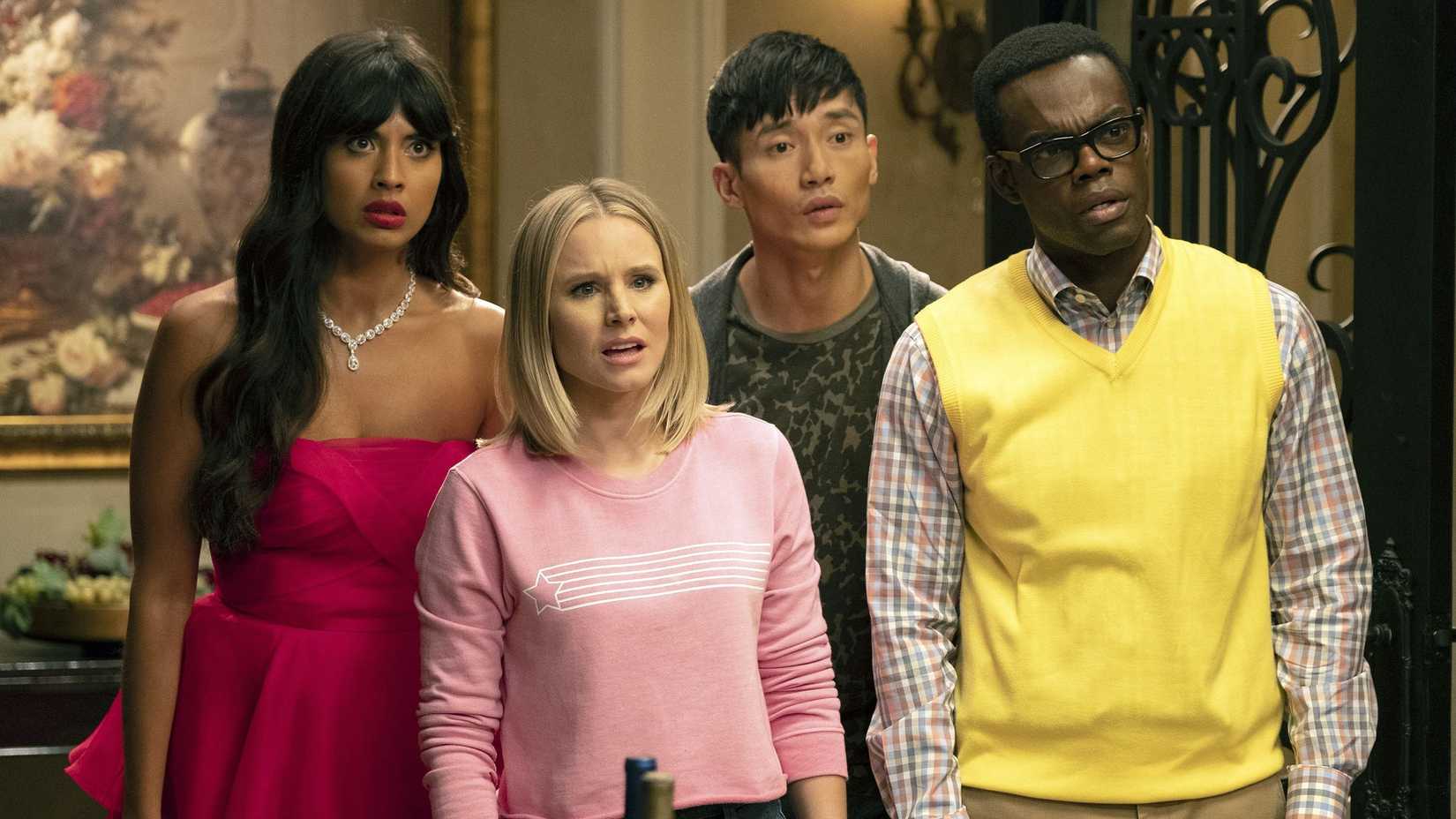 10 Fantasy Shows That Are Even Better The Second Time Around 5 Jason, Eleanor, Tahani, and Chidi standing together looking confused in The Good Place.