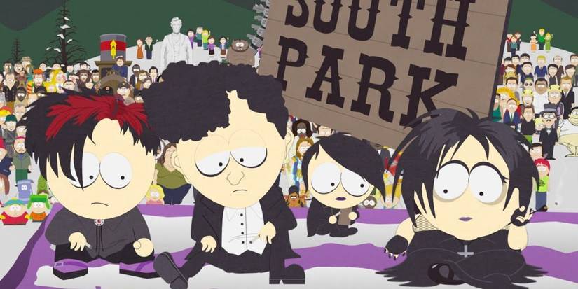 the goth kids in front of the south park sign in south park