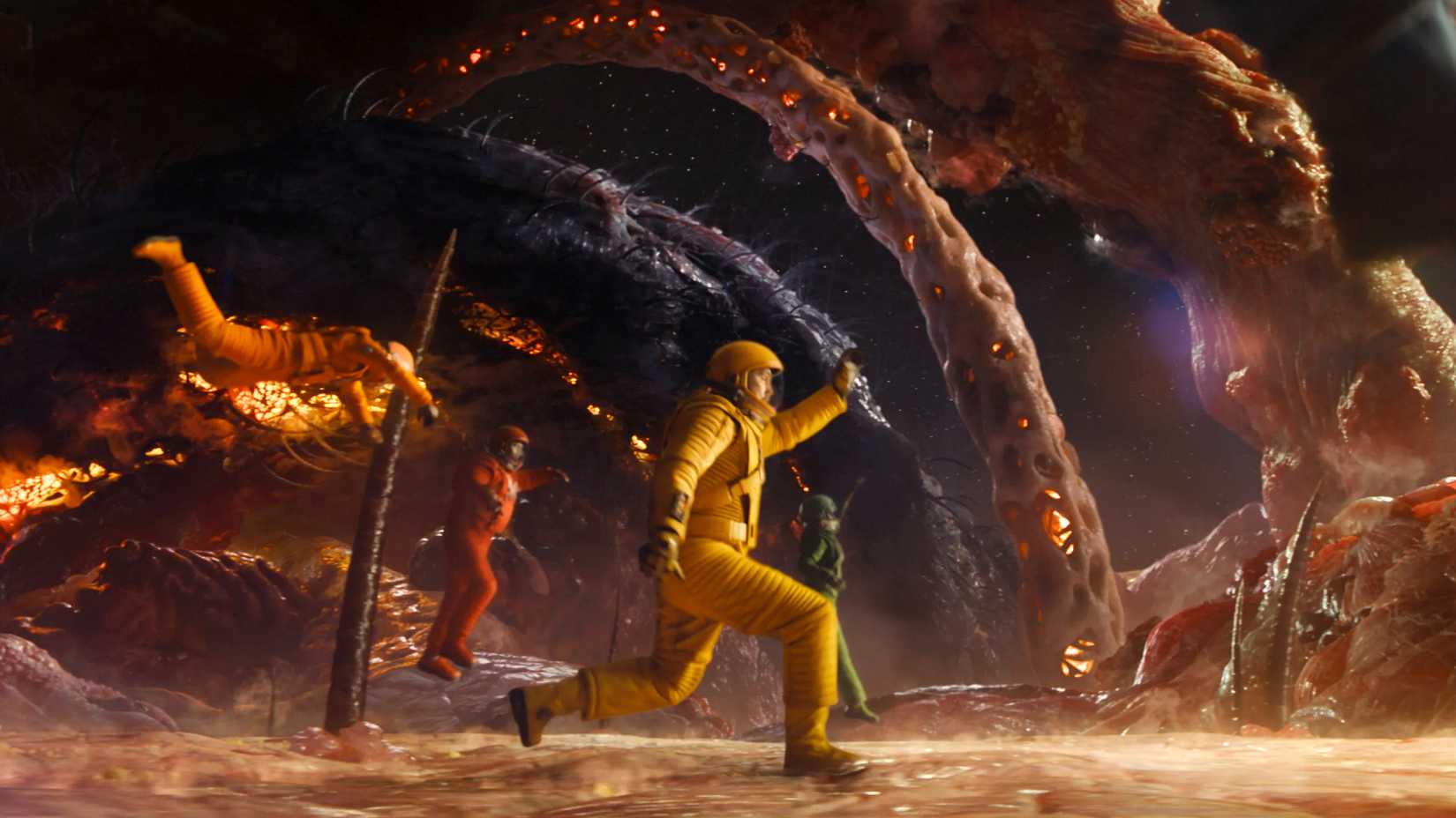 Os Guardiões pousando em um planeta em Guardiões da Galáxia Vol. 3