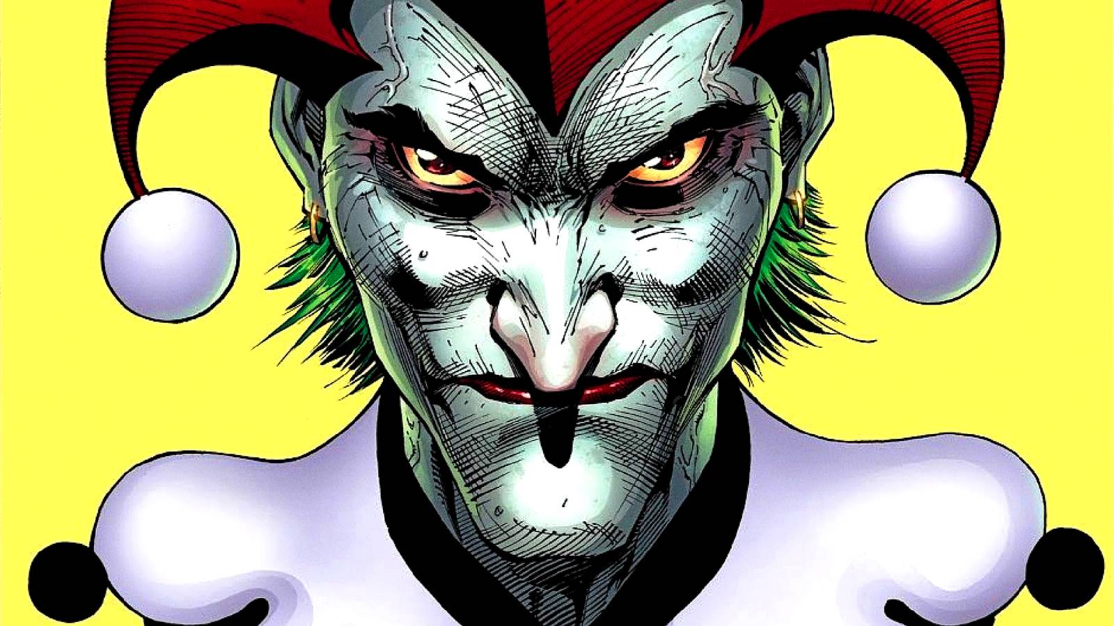 The Joker wears a harlequin costume in a playing card in DC Batman art