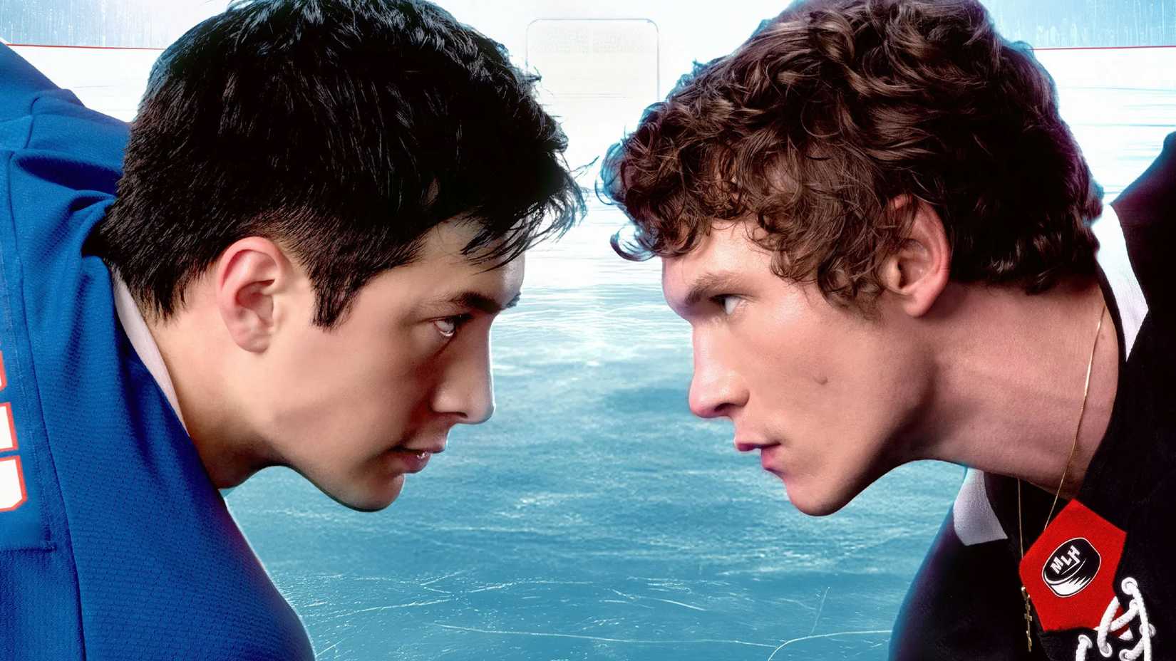 The leads of Heated Rivalry staring each other down on the ice