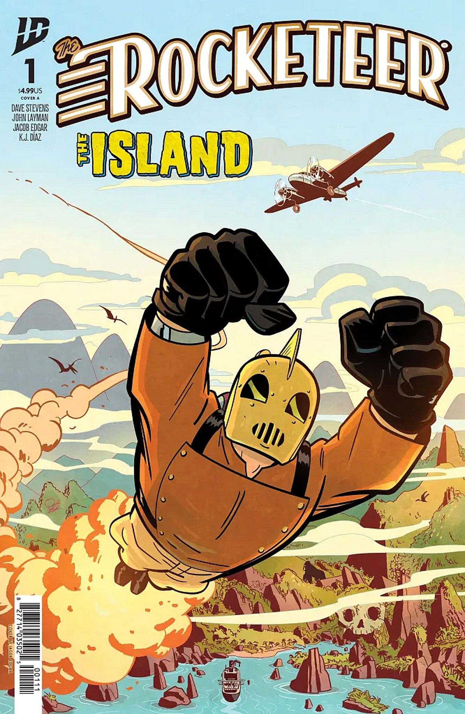 The Rocketeer the Island #1 cover, il protagonista in volo sopra un paesaggio costiero