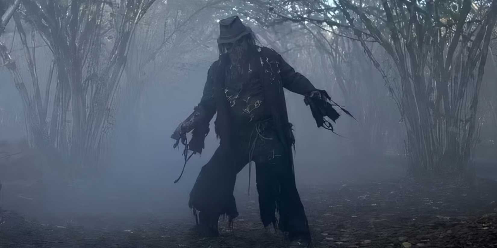 The Scarecrow from Supernatural standing in a dark and foggy wood.
