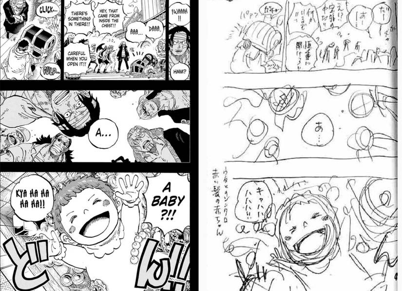 the sketch vs the official manga panel of the roger pirates finding shanks