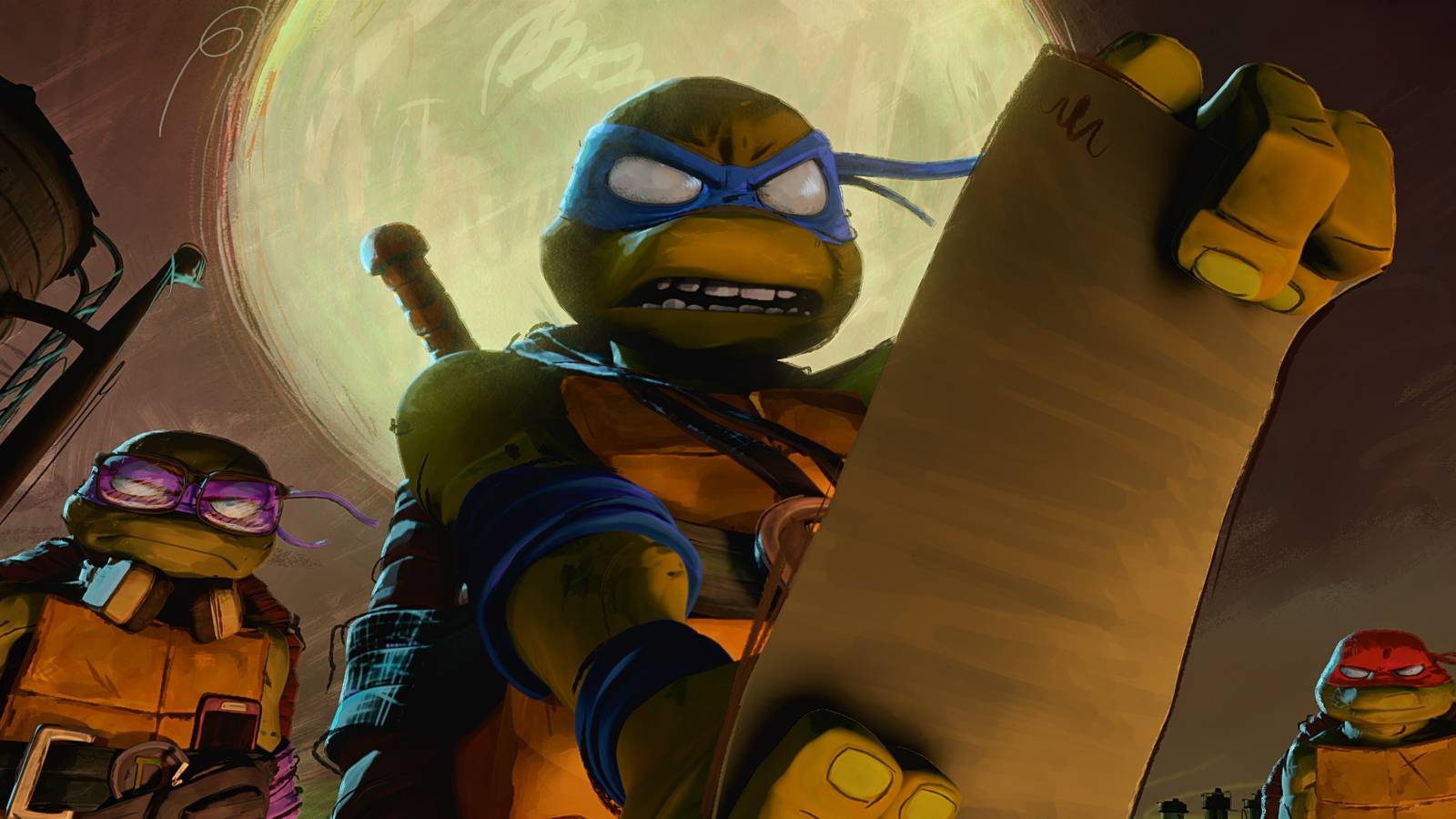 The Teenage Mutant Ninja Turtles looking serious while Leonardo holds a piece of paper in TMNT Mutant Mayhem