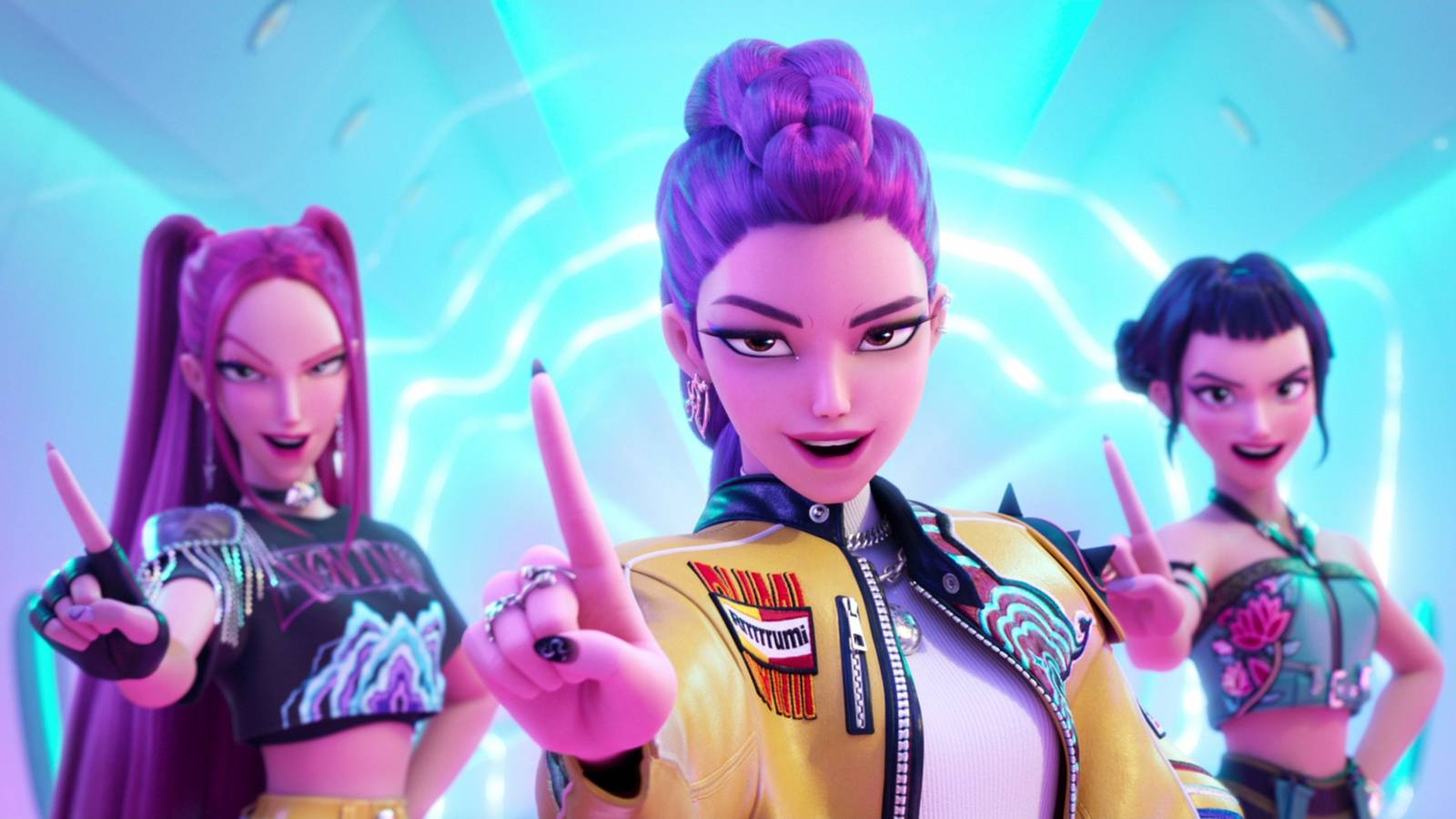 The three members of Huntrx wagging their fingers tauntingly in KPop Demon Hunters