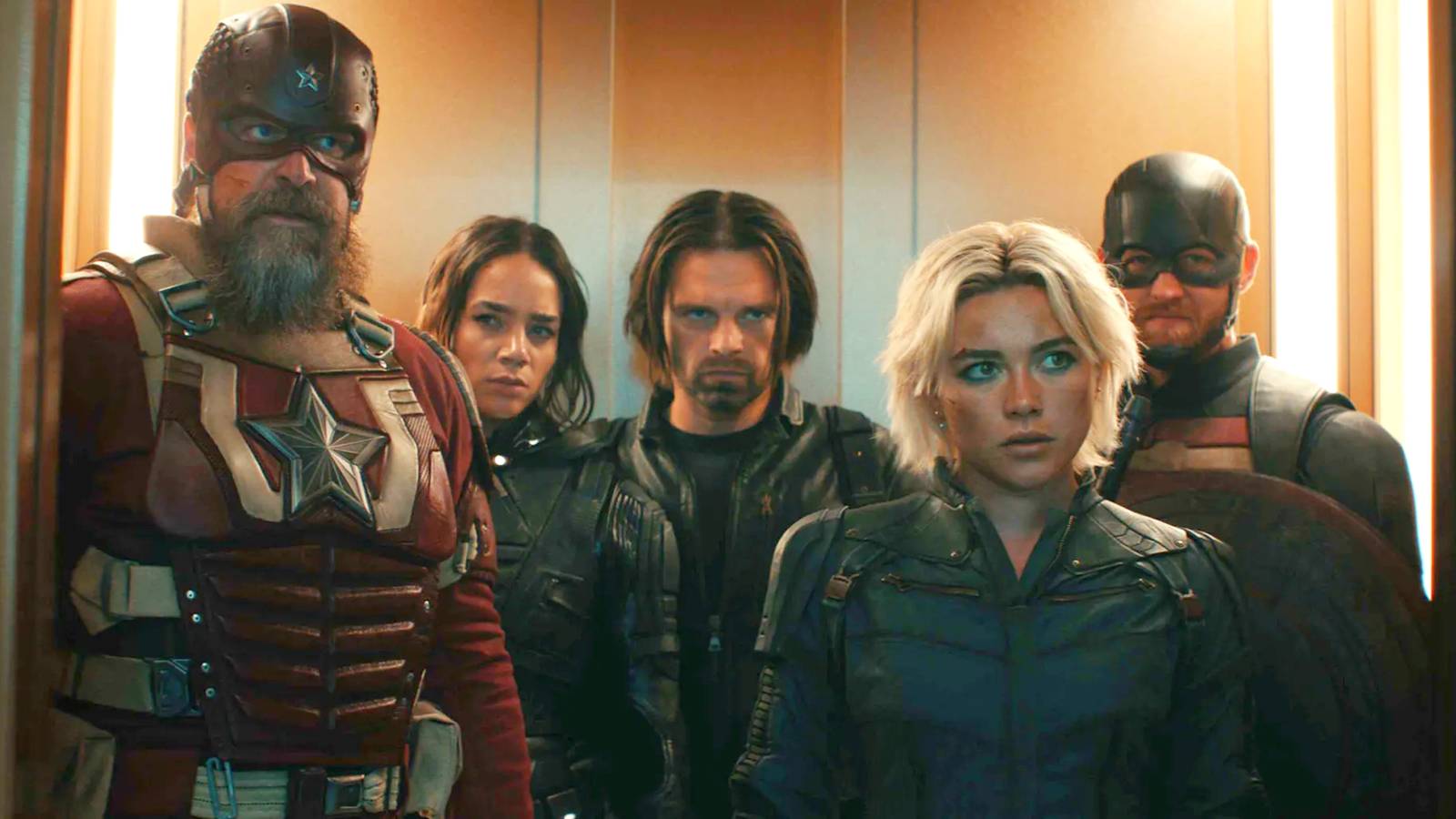 The Thunderbolts cast in an elevator