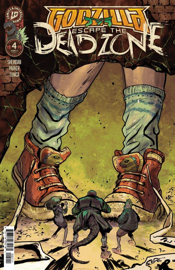 The Wanderer, Runt, and Glasseater look up to a 40-foot woman in Godzilla Escape the Deadzone #4 comic cover