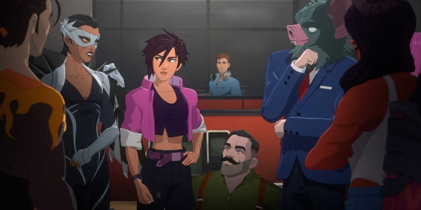 Flambae, Coupe, Invisigal, Punch-Up, Sonar e Malevola conversando enquanto Robert os observa ao fundo - Dispatch