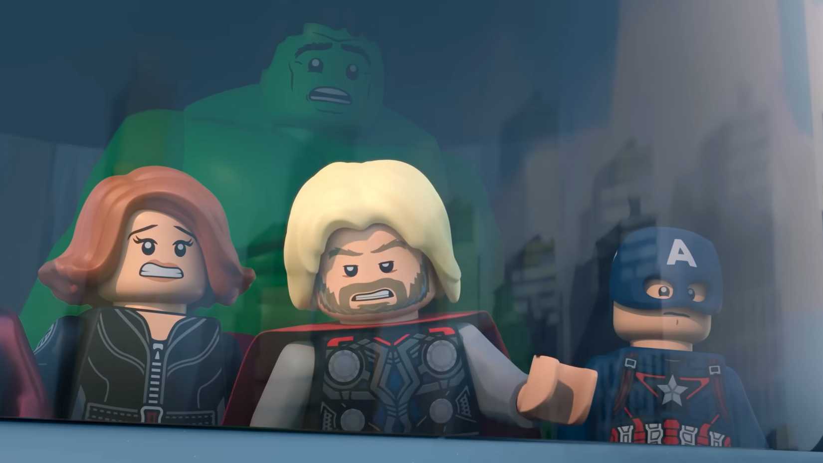 thor captain america black widow and the hulk looking uncertain in lego marvel avengers mission demolition