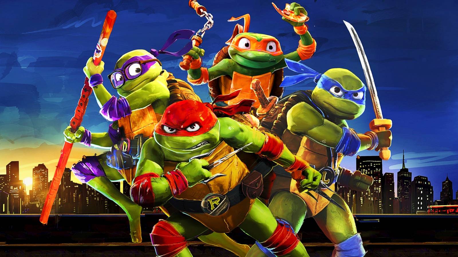 Donatello, Raphael, Michelangelo, and Leonardo in TMNT Mutant Mayhem