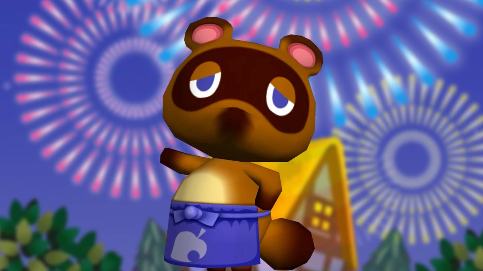 Tom Nook from Animal Crossing: Wild World in front of fireworks
