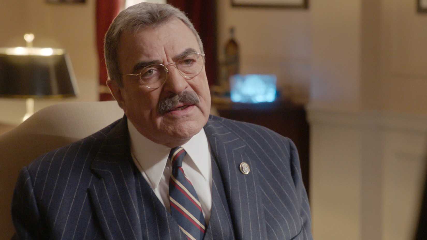 Tom Selleck looking angry as Frank in an episode of Blue Bloods season 14