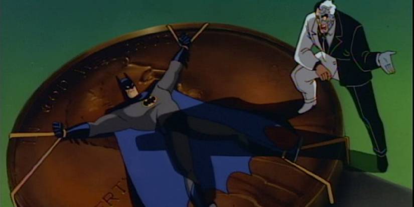 Duas-Caras com Batman amarrado a uma moeda gigante em Batman: A Série Animada