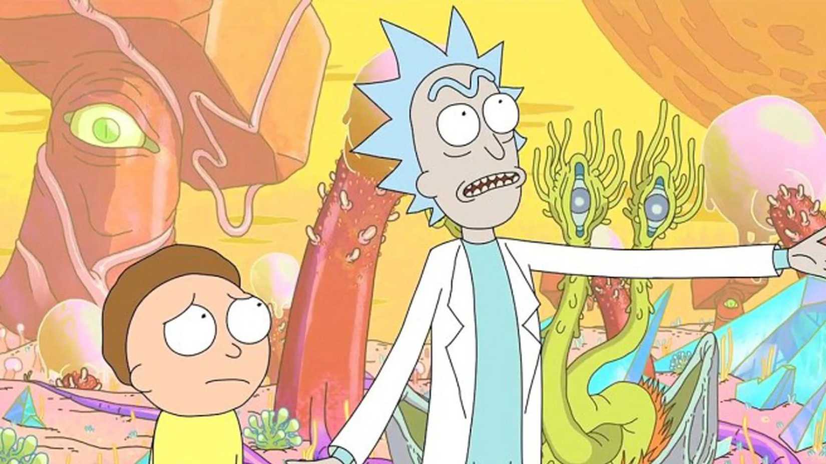 Rick e Morty em um mundo alienígena colorido