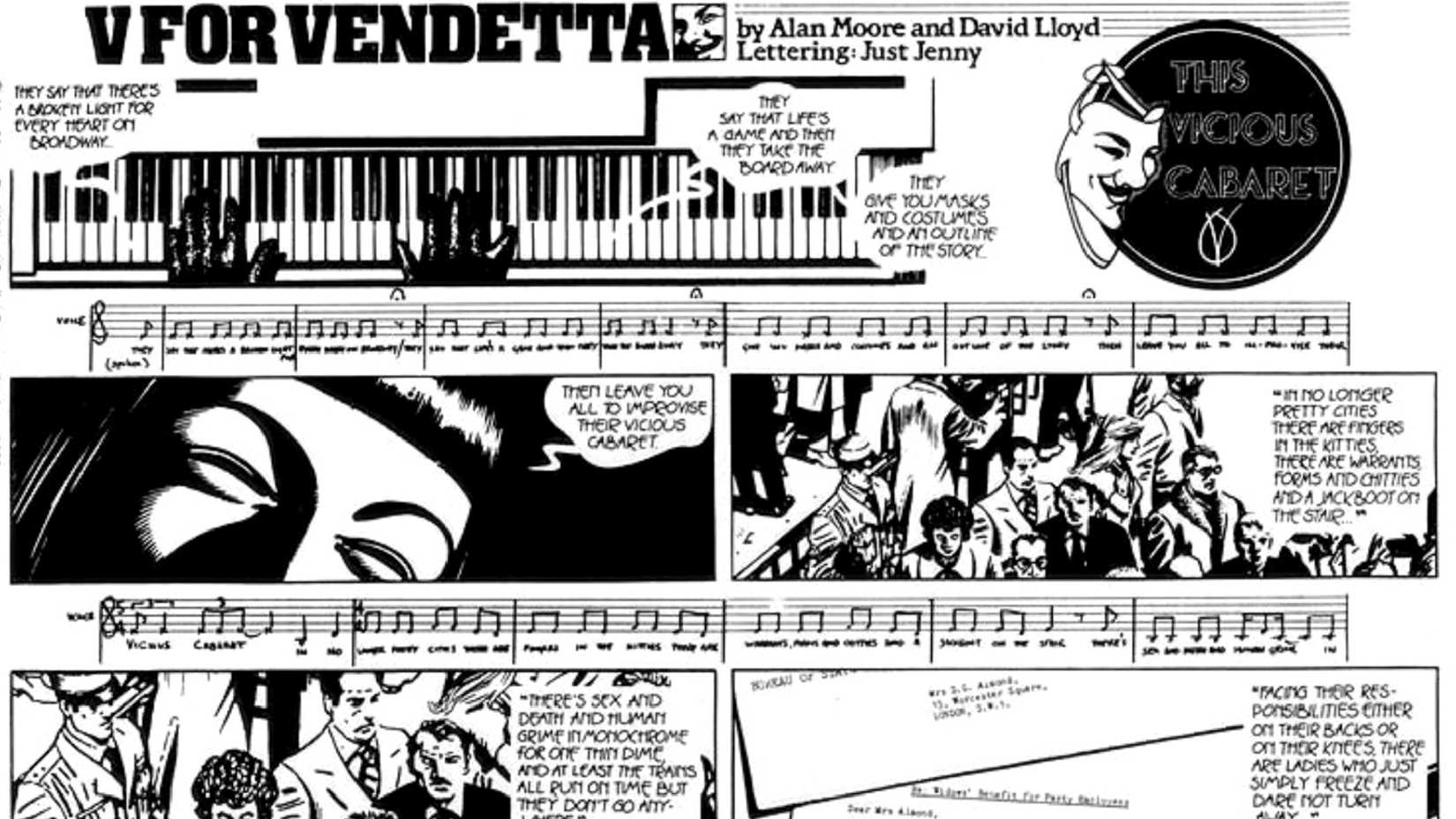 V for Vendetta's Vicious Cabaret sequence in Alan Moore and David Lloyd's comics