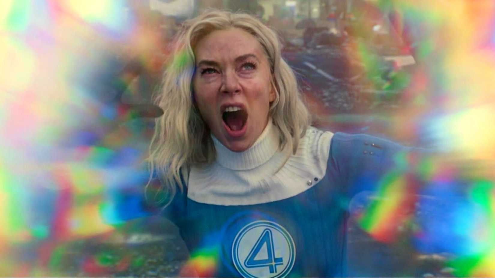 Vanessa Kirby como Sue Storm gritando e usando seus poderes em O Quarteto Fantástico: Primeiros Passos