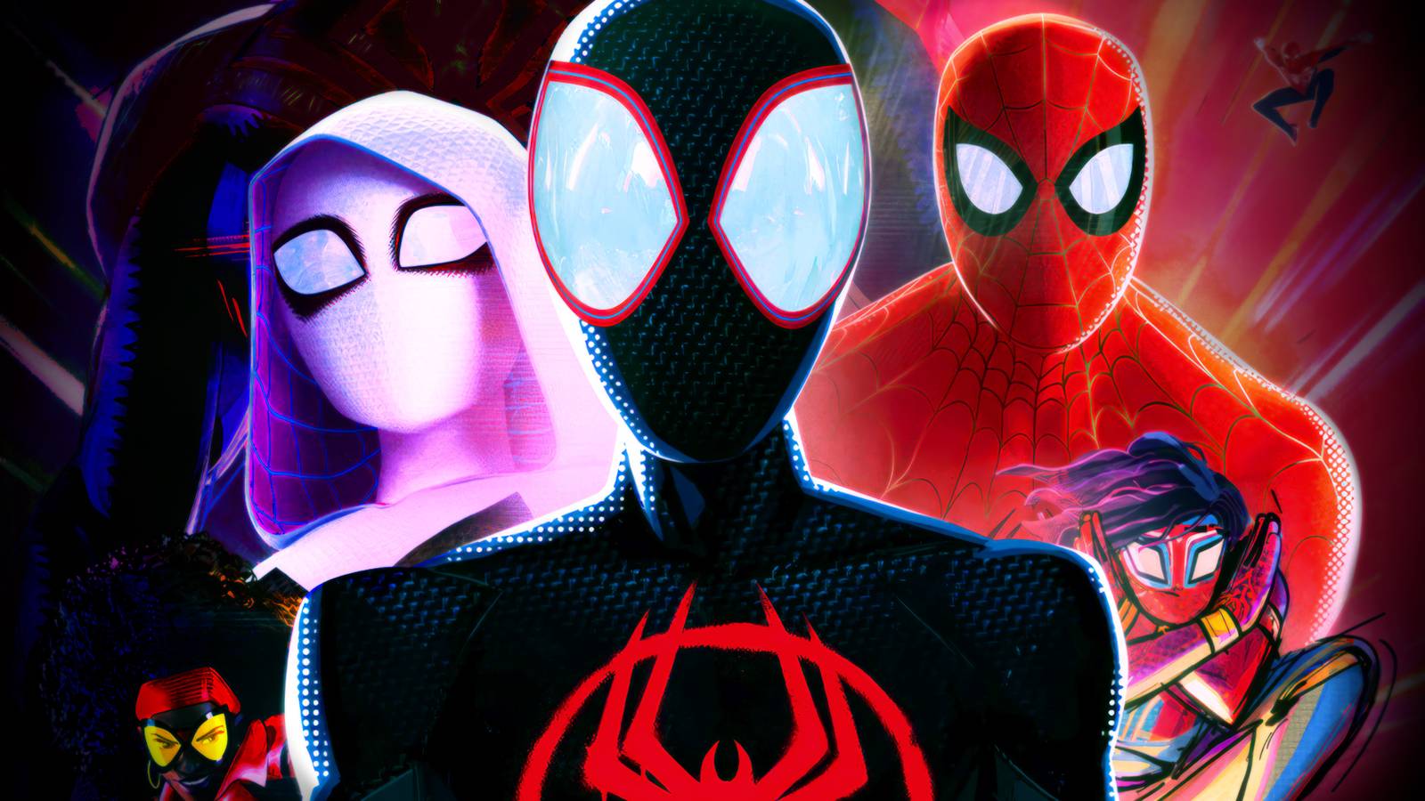 Miles Morales ao lado de Spider Gwen Peter Parker e outras variantes em Homem Aranha Através do Aranhaverso