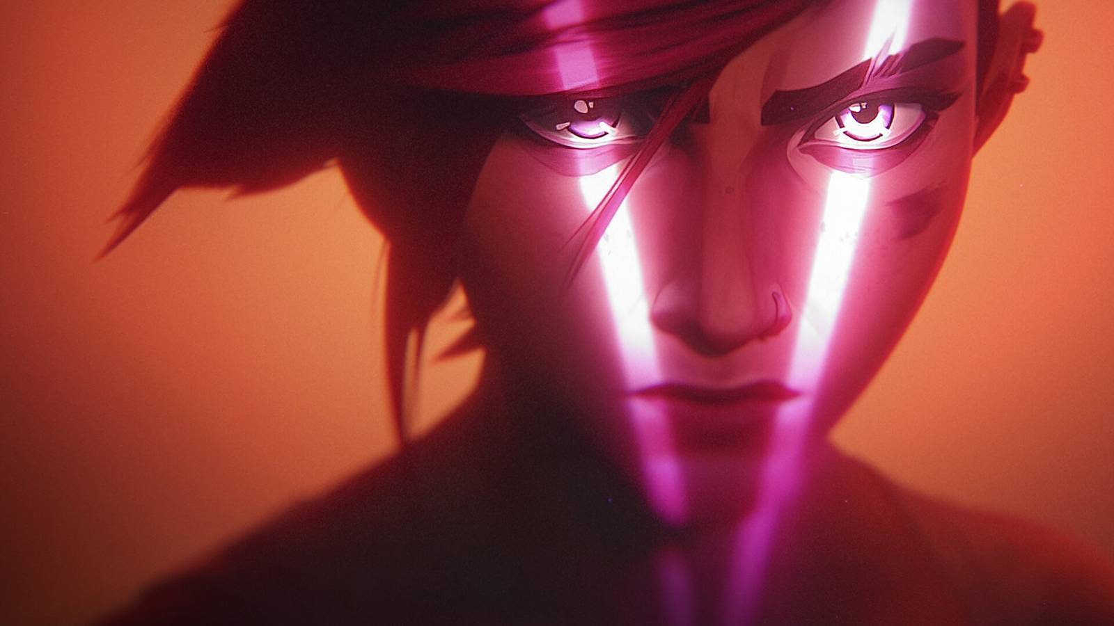 Vi looking intensely at the camera in front of an orange background in Arcane's intro