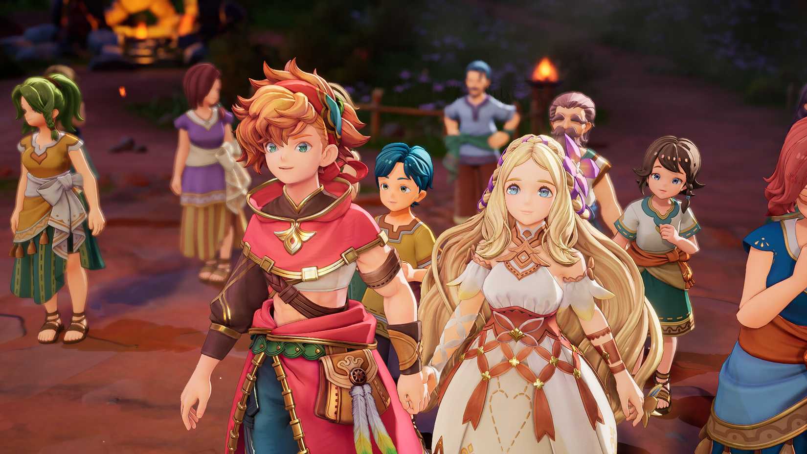 Visions of Mana screenshot of two characters surrounded by villagers