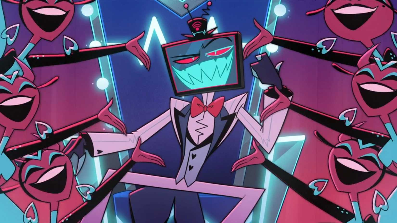 Vox sentado em um trono com pessoas cantando ao seu redor na 2ª temporada de Hazbin Hotel.