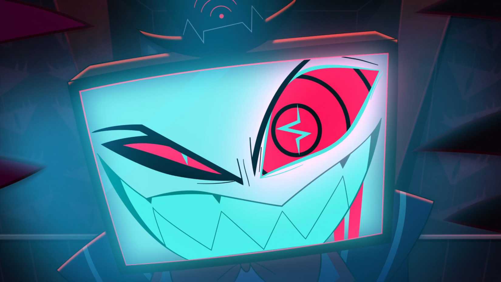 Vox sorrindo de forma maníaca em Hazbin Hotel