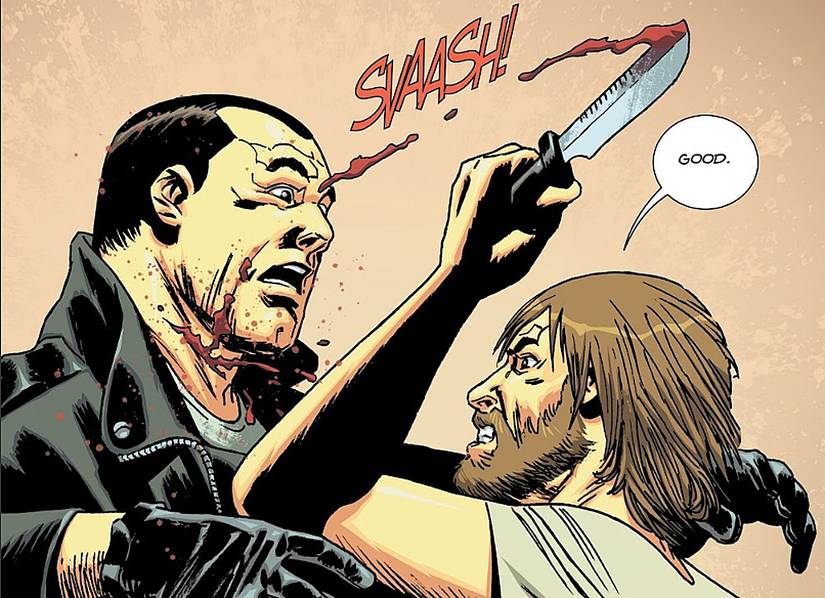 Walking Dead Deluxe #125, color version of Rick cutting Negan's throat