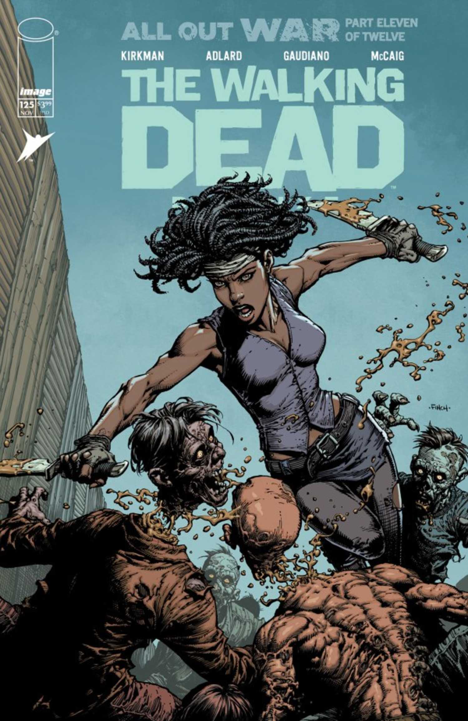 Walking Dead Deluxe #125 cover, Michonne decapitating zombies